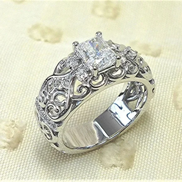 ▶NEW DIAMOND DAINTY RADIANT CUT CARVED 925 STERLING SILVER ETERNITY RING, K997
